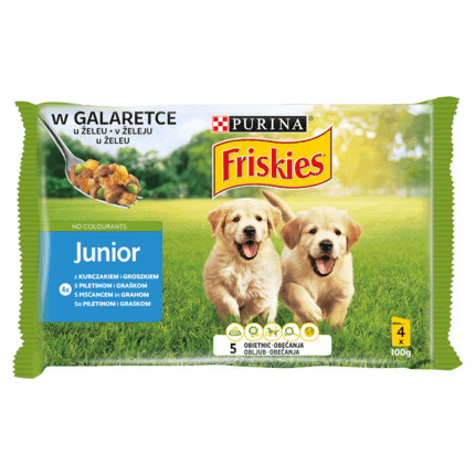 Friskies Junior Karma dla szczeniąt w galaretce z kurczakiem i groszkiem 400 g (4 x 100 g)