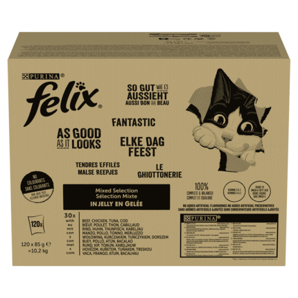 Felix Fantastic Karma dla kotów wybór smaków w galaretce 10,2 kg (120 x 85 g)