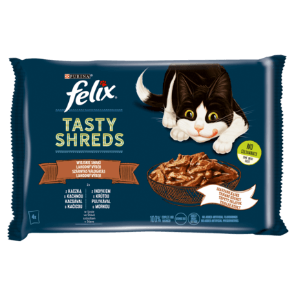 Felix® Tasty Shreds Karma dla dorosłych kotów wiejskie smaki w sosie 320 g (4 x 80 g)