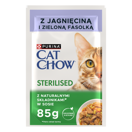 Purina® Cat Chow® Purina® Cat Chow®  Sterilised, delikatne kawałki w sosie Z jagnięciną i zieloną fasolką Pełnoporcjowa karma