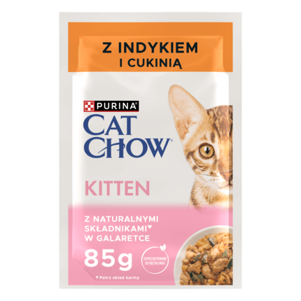 Purina® Cat Chow® Purina® Cat Chow® Kitten, delikatne kawałki w galaretce z indykiem i cukinią Pełnoporcjowa karma dla kociąt