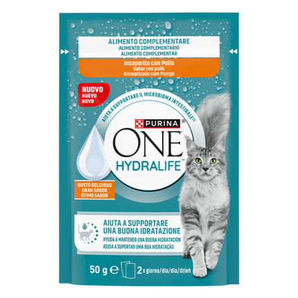 PURINA® ONE® HYDRALIFE™ karma uzupełniająca dla dorosłych kotów, o smaku kurczaka; pomaga wspierać prawidłowe nawodnienie kot