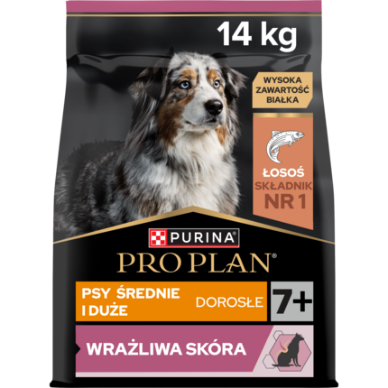 PRO PLAN® SENSITIVE SKIN, Karma sucha dla dorosłych psów 7+ ras średnich i dużych o wrażliwej skórze, Bogata w Łososia
