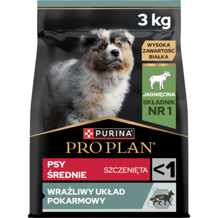 PRO PLAN® SENSITIVE DIGESTION, Karma sucha dla szczeniąt psów ras średnich z wrażliwym układem pokarmowym, Bogata w Jagnięcin