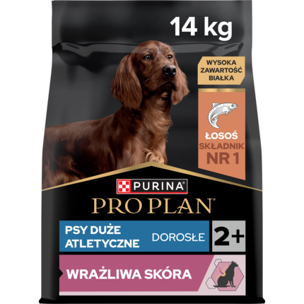 PRO PLAN® SENSITIVE SKIN, Karma sucha dla dorosłych psów ras dużych atletycznych o wrażliwej skórze, Bogata w Łososia