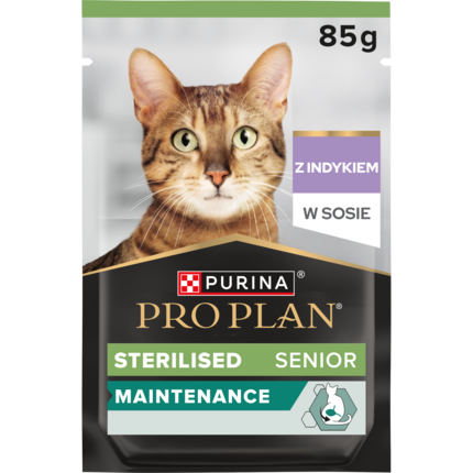 PRO PLAN® 7+ Sterilised Senior MAINTENANCE, Karma mokra dla dorosłych wysterylizowanych kotów, Delikatne kawałki z Indykiem w