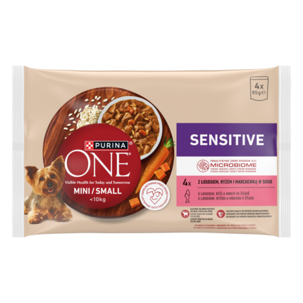 Purina ONE Mini/Small Delicate – zestaw łosoś, ryż, marchewka w sosie