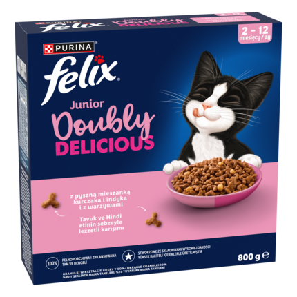 Felix® Doubly Delicious Junior z pyszną mieszanką kurczaka i indyka, z mlekiem i z warzywami