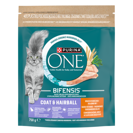Purina® ONE® Coat & Hairball, Bogata w Kurczaka i Pełne Ziarna