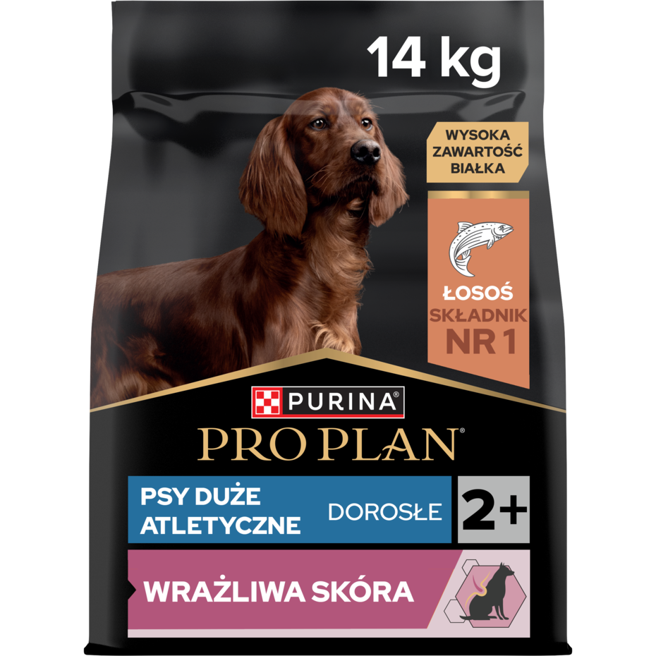 PRO PLAN® SENSITIVE SKIN, Karma sucha dla dorosłych psów ras dużych atletycznych o wrażliwej skórze, Bogata w Łososia