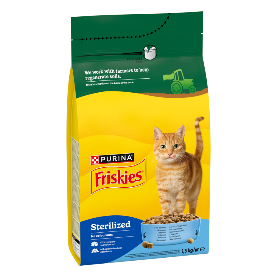 Purina Friskies® Sterilized sucha karma dla dorosłych kotów z Łososiem i Warzywami 1.5 worek