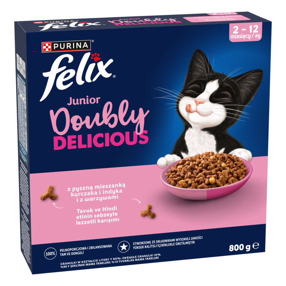 Felix® Doubly Delicious Junior z pyszną mieszanką kurczaka i indyka, z mlekiem i z warzywami
