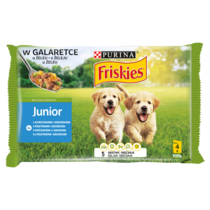 Friskies Junior Karma dla szczeniąt w galaretce z kurczakiem i groszkiem 400 g (4 x 100 g)