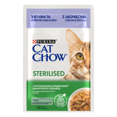 PURINA® CAT CHOW® Sterilised z jagnięciną i zieloną fasolką w sosie pełnoporcjowa karma dla dorosłych wysterylizowanych kotów