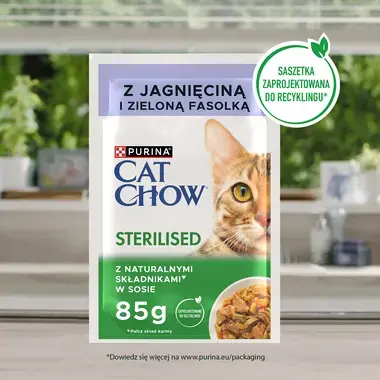Purina® Cat Chow® Purina® Cat Chow® Sterilised, delikatne kawałki w sosie Z jagnięciną i zieloną fasolką Pełnoporcjowa karma