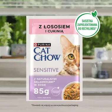 PURINA® CAT CHOW® Sensitive z Łososiem i cukinią w sosie dla kotów o wrażliwym układzie pokarmowym