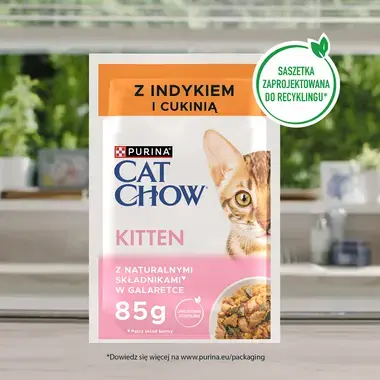 Purina® Cat Chow® Purina® Cat Chow® Kitten, delikatne kawałki w galaretce z indykiem i cukinią Pełnoporcjowa karma dla kociąt