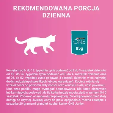 Purina One Junior z kurczakiem mokra karma dla kota rekomendowana porcja dzienna
