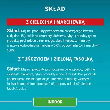 Skład mokrej karmy dla kota Purina One Indoor z cielęciną i tuńczykiem