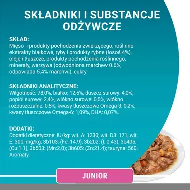 Skład mokrej karmy dla kota Purina One Junior z łososiem i marchewką