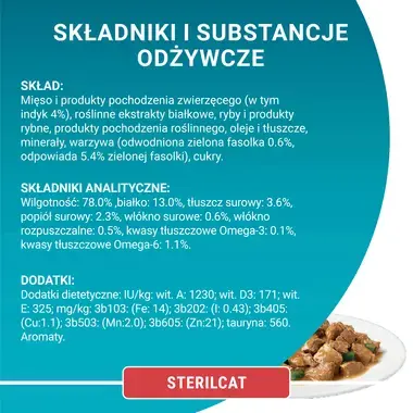 Skład mokrej karmy Purina One Sterilcat z indykiem i zieloną fasolką