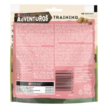 Przysmaki Purina Adventuros Training bogate w łososia tył opakowania