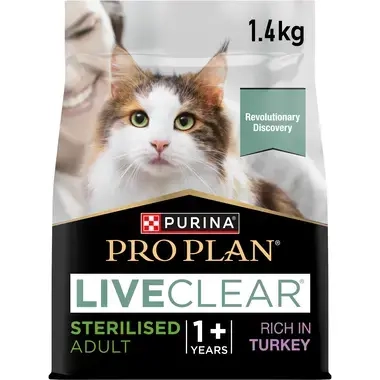 PURINA® PRO PLAN® LIVECLEAR® Sterilised Adult 1+ years dla dorosłych kotów po zabiegu sterylizacji Bogata w Indyka.