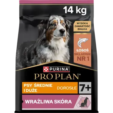 PRO PLAN® SENSITIVE SKIN, Karma sucha dla dorosłych psów 7+ ras średnich i dużych o wrażliwej skórze, Bogata w Łososia