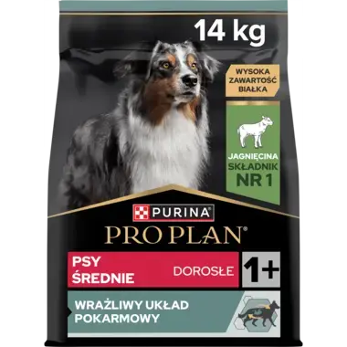 PRO PLAN® SENSITIVE DIGESTION, Karma sucha dla dorosłych psów rasy średniej z wrażliwym układem pokarmowym, Bogata w Jagnięci