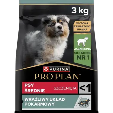 PRO PLAN® SENSITIVE DIGESTION, Karma sucha dla szczeniąt psów ras średnich z wrażliwym układem pokarmowym, Bogata w Jagnięcin