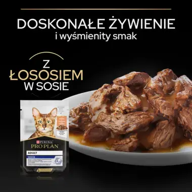 PRO PLAN® Adult INDOOR, Karma mokra dla dorosłych kotów, Delikatne kawałki z Łososiem w Sosie