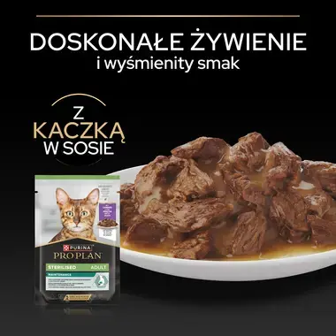 PRO PLAN® Sterilised Adult MAINTENANCE, Karma mokra dla kotów sterylizowanych, Delikatne kawałki z Kaczką w sosie