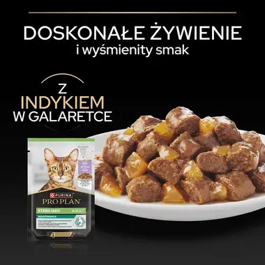 PRO PLAN® Sterilised Adult MAINTENANCE, Karma mokra dla kotów sterylizowanych, Delikatne kawałki z Indykiem w Galaretce