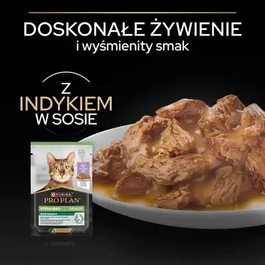 PRO PLAN® 7+ Sterilised Senior MAINTENANCE, Karma mokra dla dorosłych wysterylizowanych kotów, Delikatne kawałki z Indykiem w
