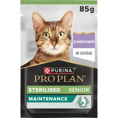 PRO PLAN® 7+ Sterilised Senior MAINTENANCE, Karma mokra dla dorosłych wysterylizowanych kotów, Delikatne kawałki z Indykiem w