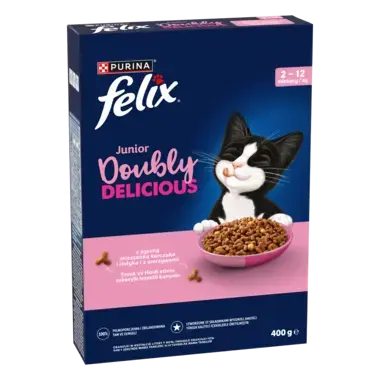 Felix® Doubly Delicious Junior z pyszną mieszanką Kurczaka i Indyka, z Mlekiem i z Warzywami