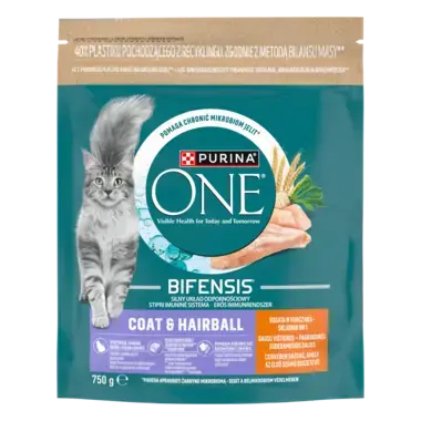 Purina® ONE® Coat & Hairball, Bogata w Kurczaka i Pełne Ziarna